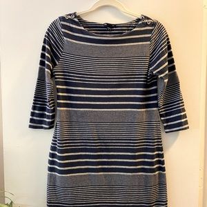 GAP striped ¾ sleeve boatneck button detail dress - medium, navy and gray